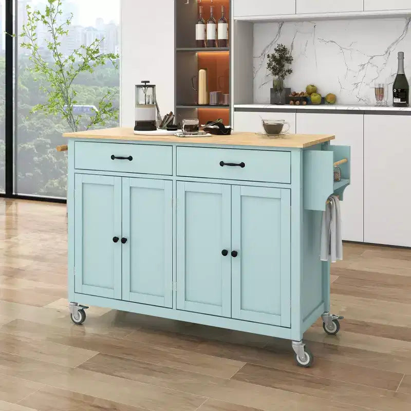 Kitchen Island with Wooden Tabletop & Lockable Wheels – 4 Doors, 2 Drawers, Towel & Spice Rack