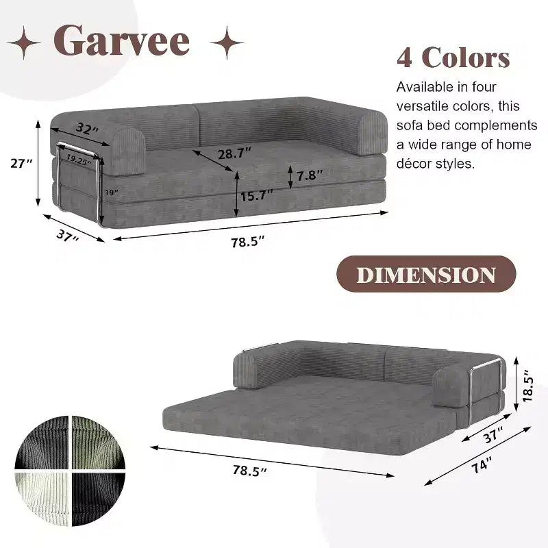Convertible Corduroy Sleeper Sofa Bed,Folding Mattress Couch with Fixed-Shape Frame, 3 Seater Fold Out King Size Futon for Home Office