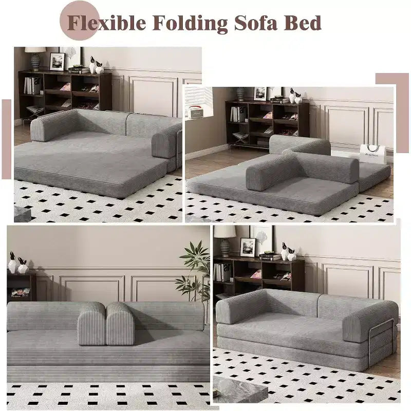 Convertible Corduroy Sleeper Sofa Bed,Folding Mattress Couch with Fixed-Shape Frame, 3 Seater Fold Out King Size Futon for Home Office