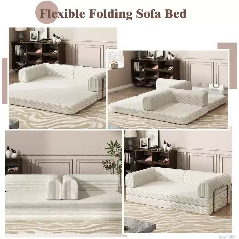 Convertible Corduroy Sleeper Sofa Bed,Folding Mattress Couch with Fixed-Shape Frame, 3 Seater Fold Out King Size Futon for Home Office