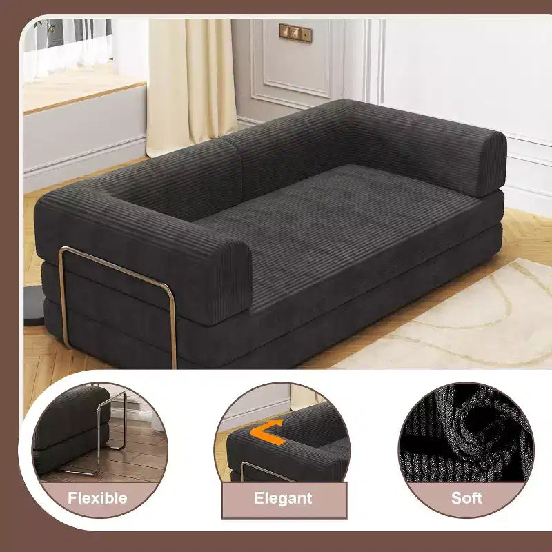 Convertible Corduroy Sleeper Sofa Bed,Folding Mattress Couch with Fixed-Shape Frame, 3 Seater Fold Out King Size Futon for Home Office