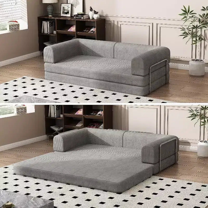 Convertible Corduroy Sleeper Sofa Bed,Folding Mattress Couch with Fixed-Shape Frame, 3 Seater Fold Out King Size Futon for Home Office