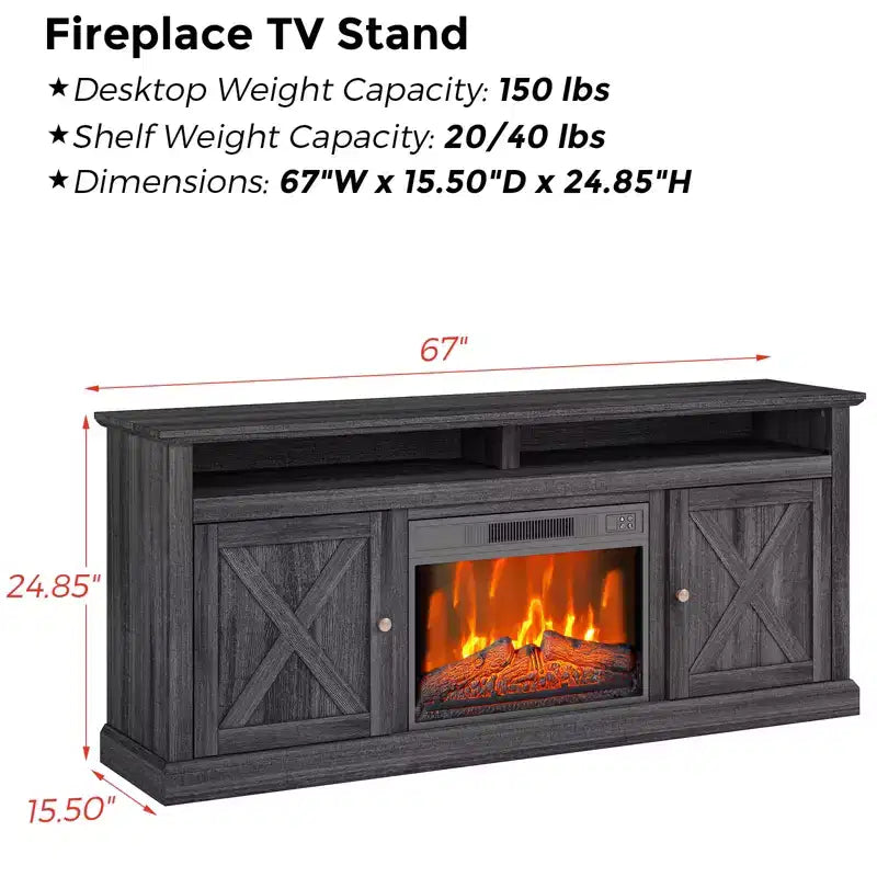Fireplace TV Stand for 67-inch TVs Fireplace TV Stand with Glass-Door Storage Remote-Controlled, Adjustable Flame Intensity