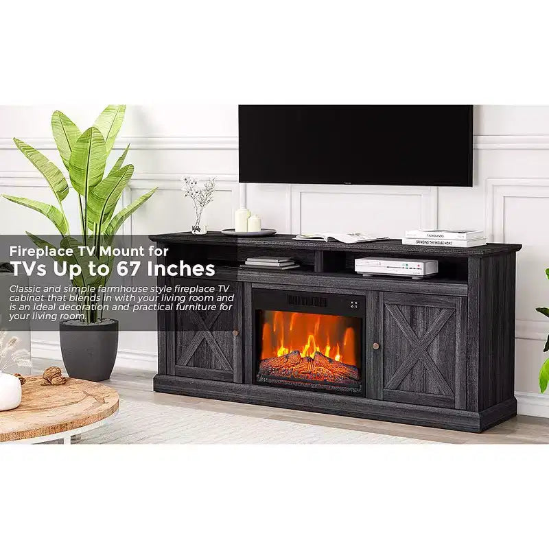 Fireplace TV Stand for 67-inch TVs Fireplace TV Stand with Glass-Door Storage Remote-Controlled, Adjustable Flame Intensity