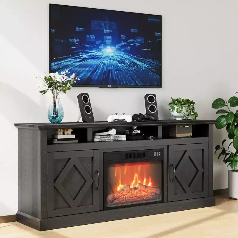 Fireplace TV Stand for 67-inch TVs Fireplace TV Stand with Glass-Door Storage Remote-Controlled, Adjustable Flame Intensity