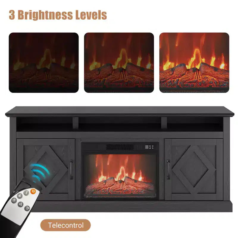 Fireplace TV Stand for 67-inch TVs Fireplace TV Stand with Glass-Door Storage Remote-Controlled, Adjustable Flame Intensity