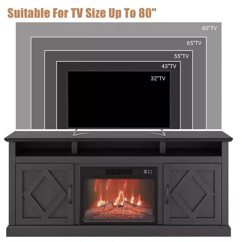 Fireplace TV Stand for 67-inch TVs Fireplace TV Stand with Glass-Door Storage Remote-Controlled, Adjustable Flame Intensity