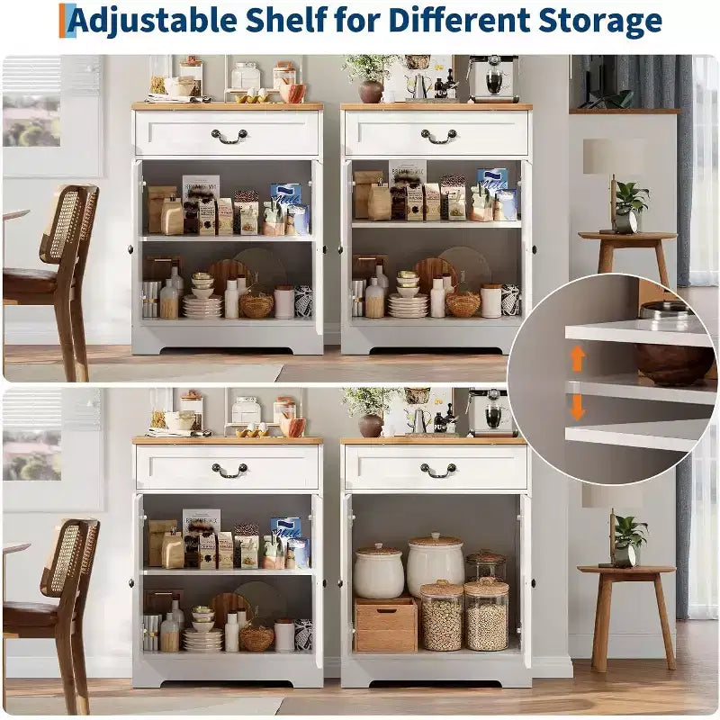 Kitchen Storage Cabinet,Farmhouse Sideboard Buffet Cabinet with Drawer & Adjustable Shelves, Dining Room Coffee Bar Organizer, White
