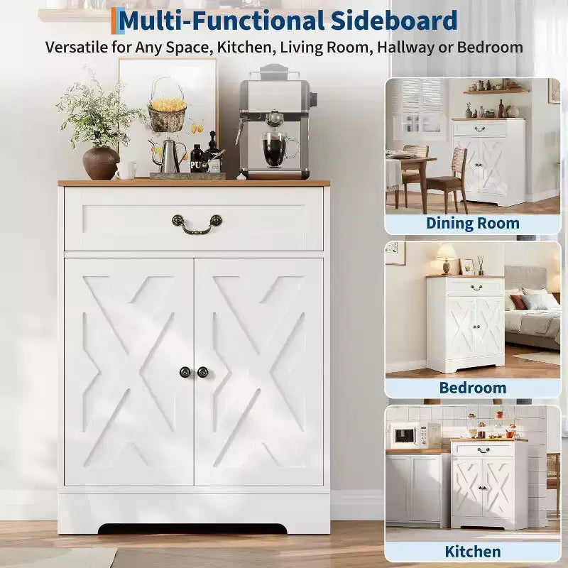 Kitchen Storage Cabinet,Farmhouse Sideboard Buffet Cabinet with Drawer & Adjustable Shelves, Dining Room Coffee Bar Organizer, White
