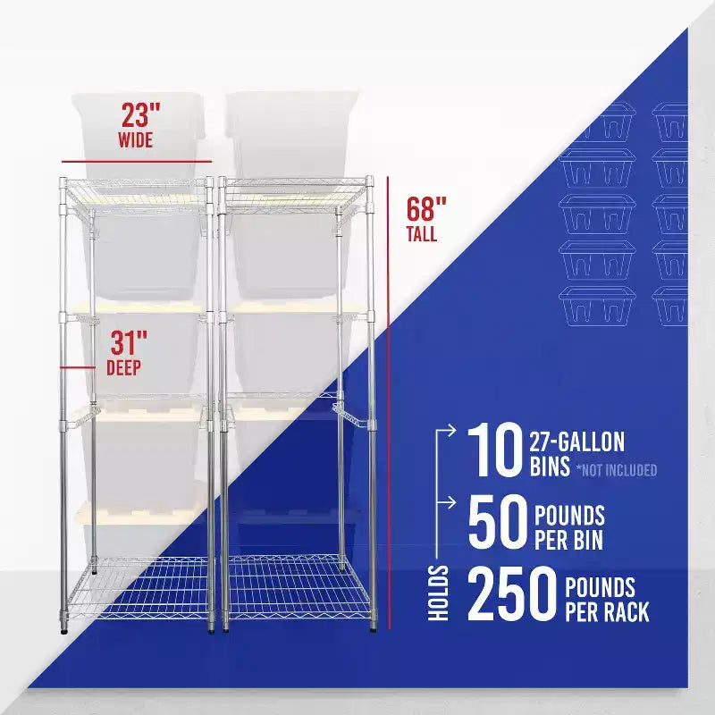 27 Gallon Storage Bin Rack – 2 Pack, Freestanding Garage & Basement Organizer