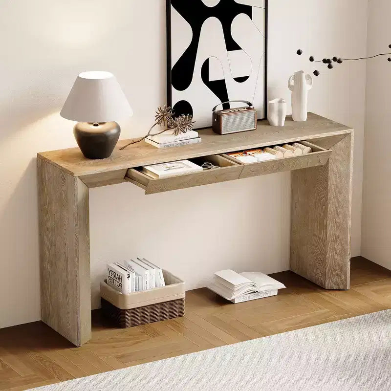 Wood Console Table with Drawers, Entryway Table Thickened Legs, Minimalist Hallway Table with Storage