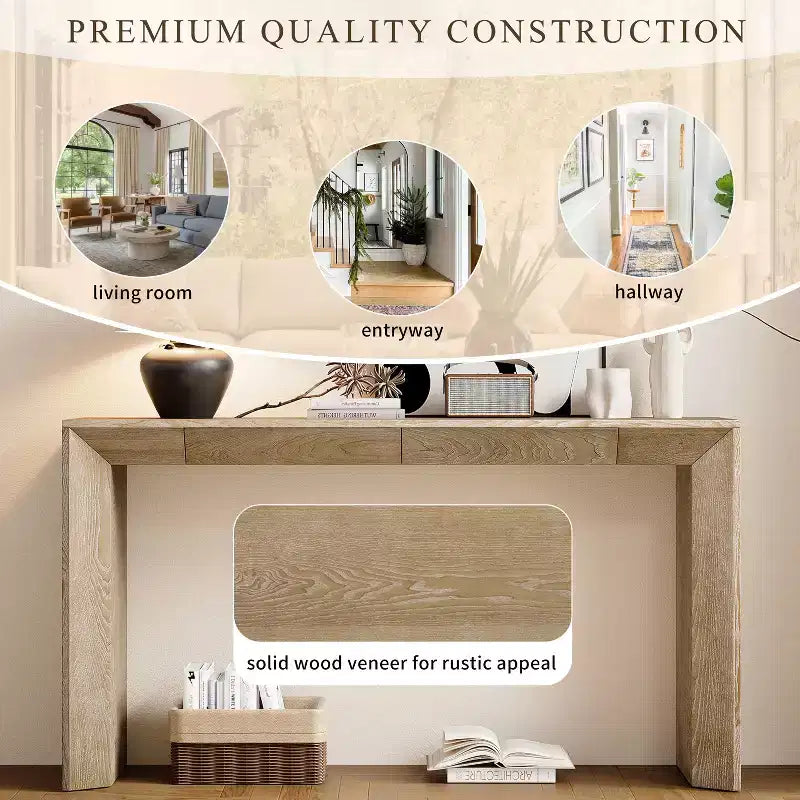 Wood Console Table with Drawers, Entryway Table Thickened Legs, Minimalist Hallway Table with Storage