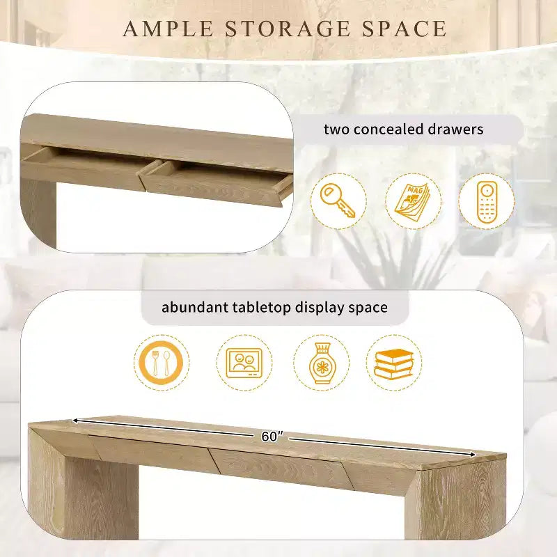 Wood Console Table with Drawers, Entryway Table Thickened Legs, Minimalist Hallway Table with Storage
