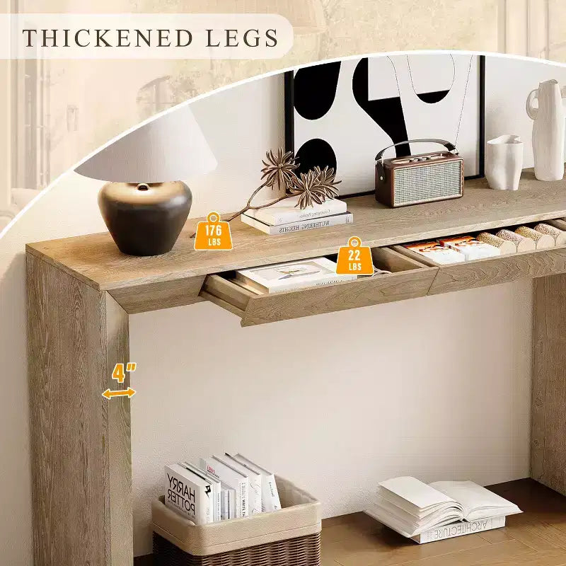 Wood Console Table with Drawers, Entryway Table Thickened Legs, Minimalist Hallway Table with Storage