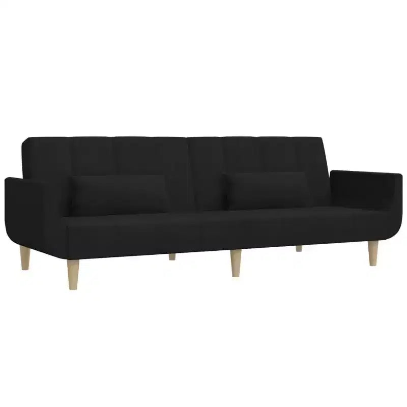 2-Seater Sofa Bed with Two Pillows – Black Fabric, Convertible Guest Sleeper Sofa