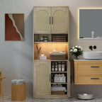 Garde-manger de cuisine en rotin, armoire de rangement de style ferme avec portes en rotin et étagères ouvertes pour salon, cuisine