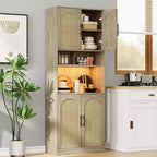 Garde-manger de cuisine en rotin, armoire de rangement de style ferme avec portes en rotin et étagères ouvertes pour salon, cuisine