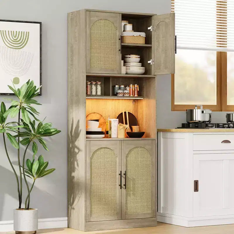 Rattan Kitchen Pantry, Farmhouse Storage Cabinet with with Rattan Doors & Open Shelves for Living Room, Kitchen