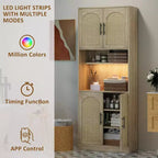 Garde-manger de cuisine en rotin, armoire de rangement de style ferme avec portes en rotin et étagères ouvertes pour salon, cuisine