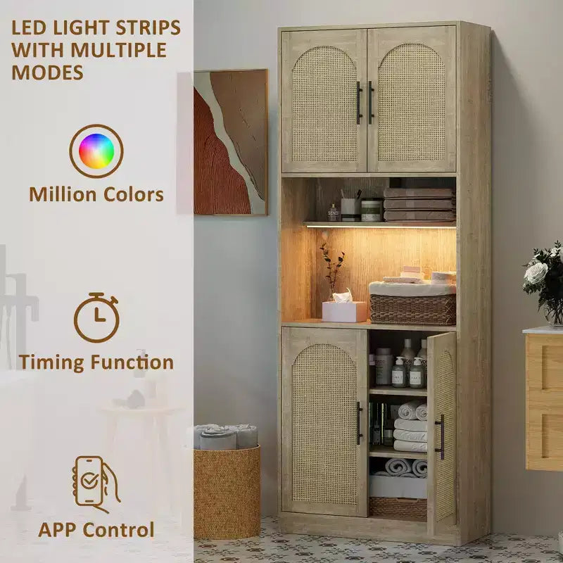 Rattan Kitchen Pantry, Farmhouse Storage Cabinet with with Rattan Doors & Open Shelves for Living Room, Kitchen