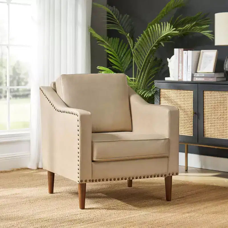 Vegan Leather Armchair with Solid Wood Legs – Modern Accent Chair