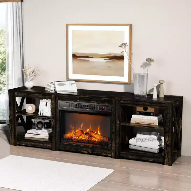 Farmhouse 70'' TV Stand For Tvs Up To 70'' With 23'' Electric Fireplace and Adjustable Shelves