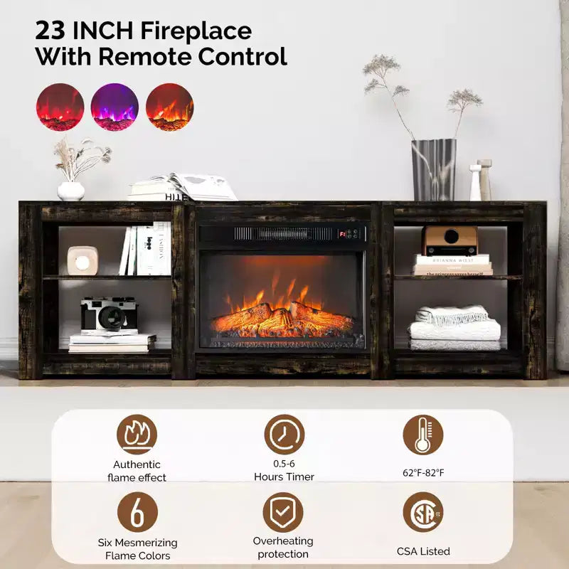 Farmhouse 70'' TV Stand For Tvs Up To 70'' With 23'' Electric Fireplace and Adjustable Shelves