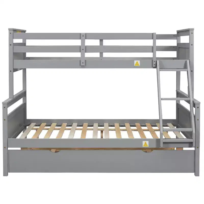 Twin over Full Bunk Bed with Staircase, Twin Trundle & Safety Guardrails – Solid Wood, Gray