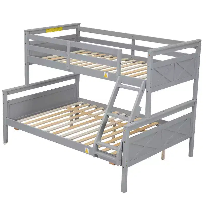 Twin over Full Bunk Bed with Staircase, Twin Trundle & Safety Guardrails – Solid Wood, Gray