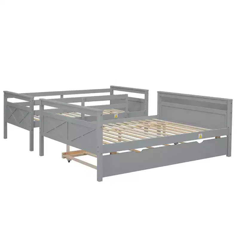 Twin over Full Bunk Bed with Staircase, Twin Trundle & Safety Guardrails – Solid Wood, Gray