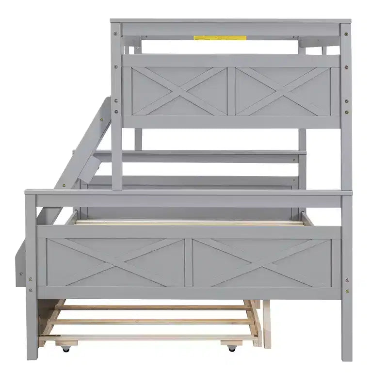 Twin over Full Bunk Bed with Staircase, Twin Trundle & Safety Guardrails – Solid Wood, Gray