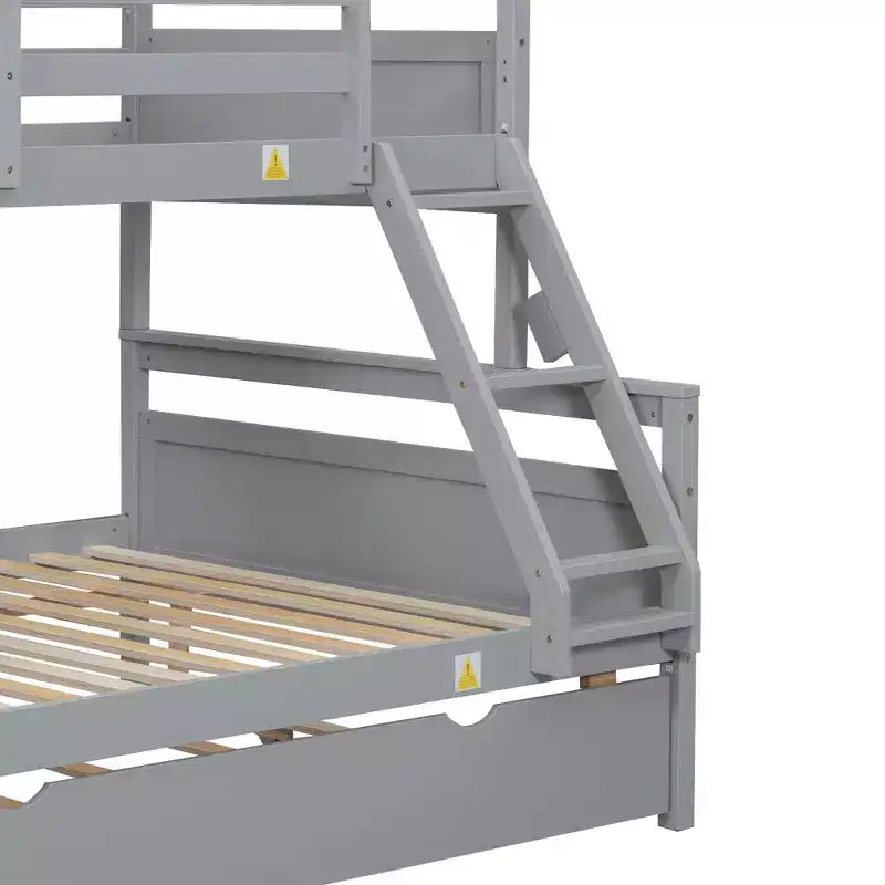 Twin over Full Bunk Bed with Staircase, Twin Trundle & Safety Guardrails – Solid Wood, Gray