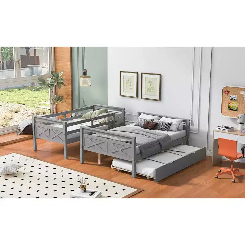Twin over Full Bunk Bed with Staircase, Twin Trundle & Safety Guardrails – Solid Wood, Gray