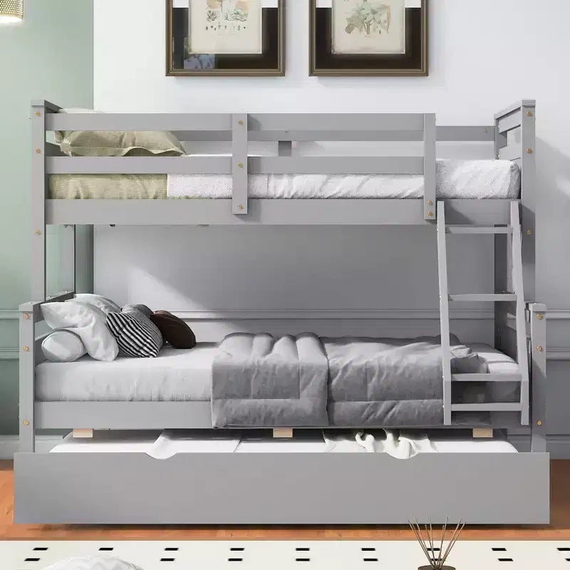Twin over Full Bunk Bed with Staircase, Twin Trundle & Safety Guardrails – Solid Wood, Gray