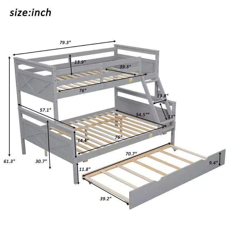 Twin over Full Bunk Bed with Staircase, Twin Trundle & Safety Guardrails – Solid Wood, Gray
