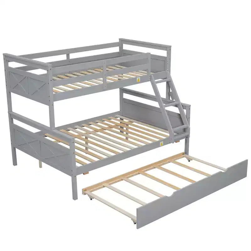 Twin over Full Bunk Bed with Staircase, Twin Trundle & Safety Guardrails – Solid Wood, Gray