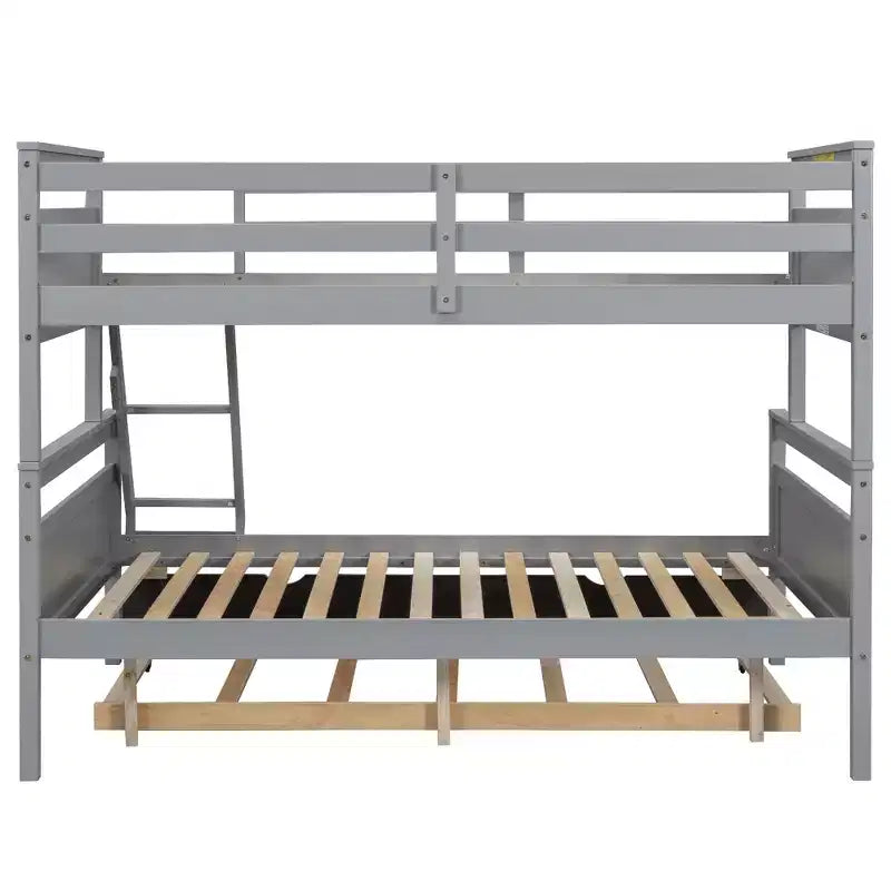 Twin over Full Bunk Bed with Staircase, Twin Trundle & Safety Guardrails – Solid Wood, Gray
