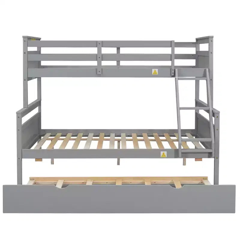 Twin over Full Bunk Bed with Staircase, Twin Trundle & Safety Guardrails – Solid Wood, Gray