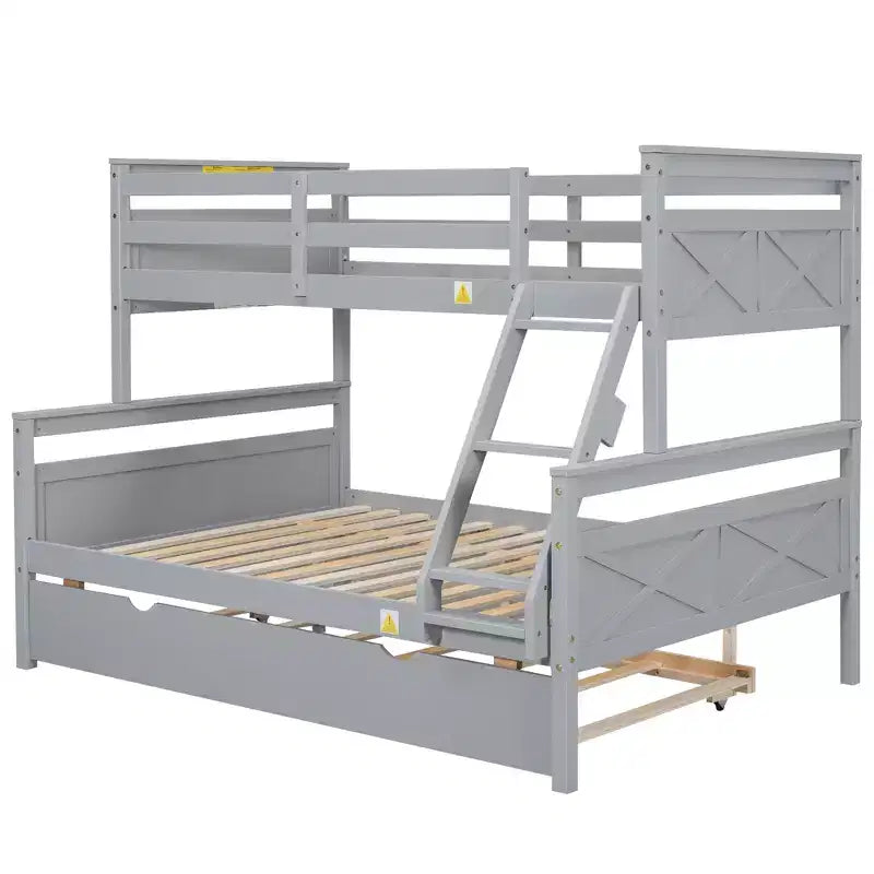 Twin over Full Bunk Bed with Staircase, Twin Trundle & Safety Guardrails – Solid Wood, Gray