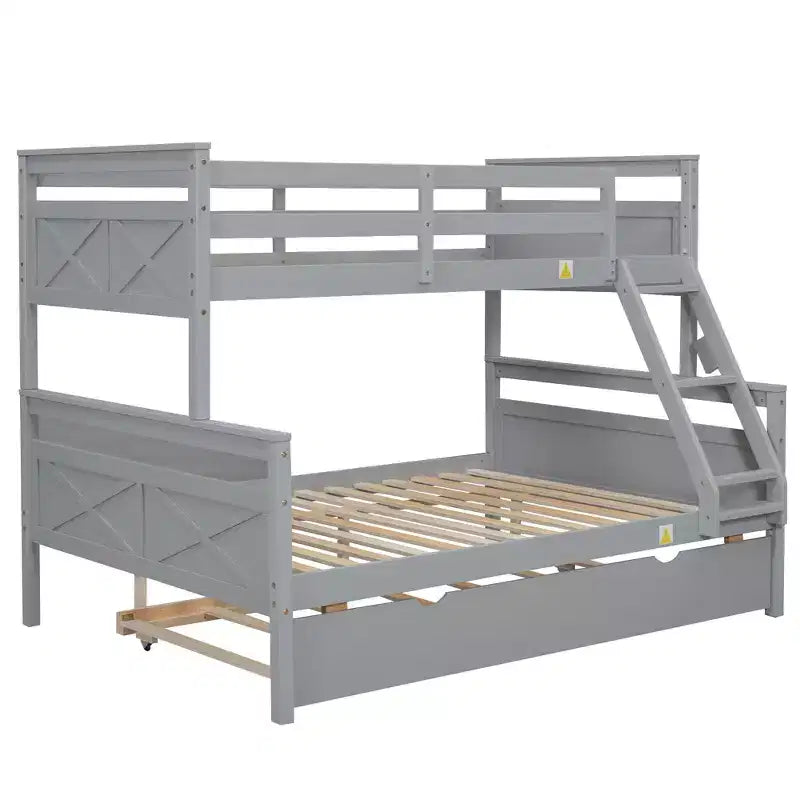 Twin over Full Bunk Bed with Staircase, Twin Trundle & Safety Guardrails – Solid Wood, Gray
