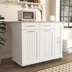 MAYEERTY White Kitchen Island with Drop Leaf, Rolling Cart 3-Tier Pull-Out Organizer 2 Drawers Internal Rack Towel Rack
