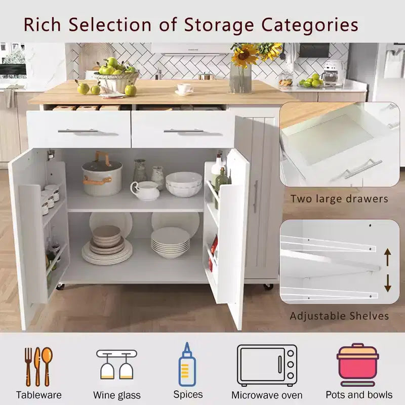 White Kitchen Island with Drop Leaf, 3-Tier Pull-Out Organizer, 2 Drawers & Towel Rack