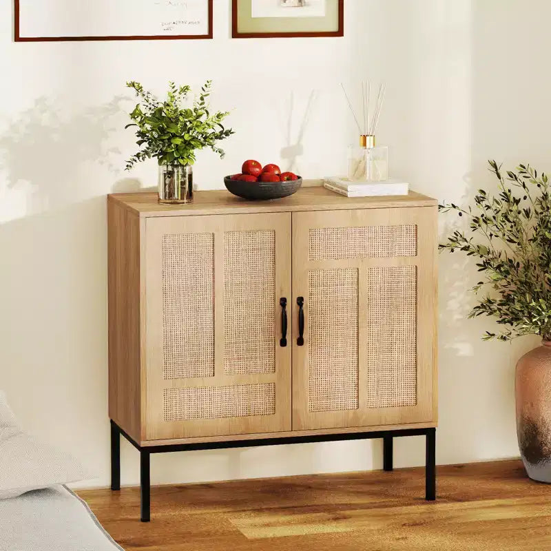 Rattan Storage Cabinet with 2-Door Buffet Sideboard & 3-Position Adjustable Shelf