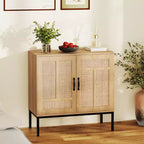 Meuble de rangement en rotin avec buffet à 2 portes et étagère réglable sur 3 positions