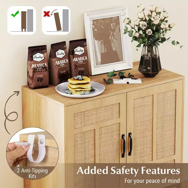 Rattan Storage Cabinet with 2-Door Buffet Sideboard & 3-Position Adjustable Shelf