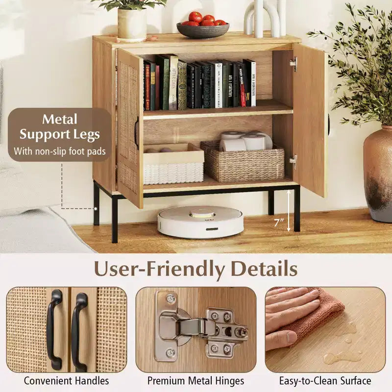 Rattan Storage Cabinet with 2-Door Buffet Sideboard & 3-Position Adjustable Shelf
