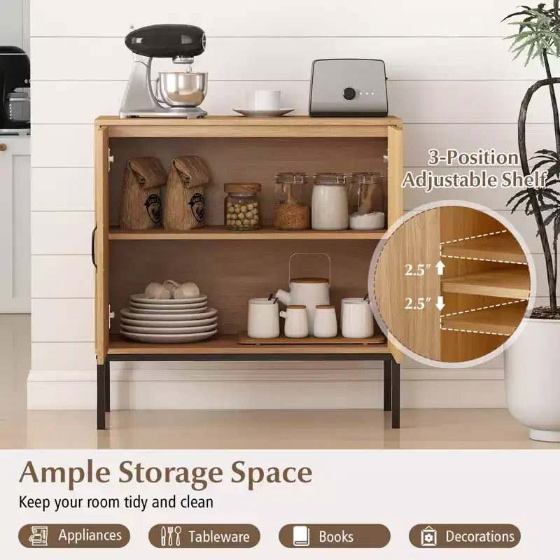 Rattan Storage Cabinet with 2-Door Buffet Sideboard & 3-Position Adjustable Shelf