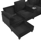 Canapé d'angle en U de 296 cm – Canapé rembourré en velours côtelé avec poufs et porte-gobelets