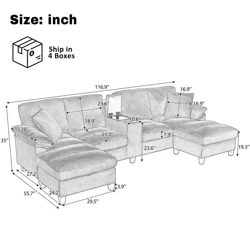 116.9" U-Shaped Sectional Sofa – Corduroy Upholstered Couch with Ottomans & Cup Holders