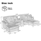 Canapé d'angle en U de 296 cm – Canapé rembourré en velours côtelé avec poufs et porte-gobelets